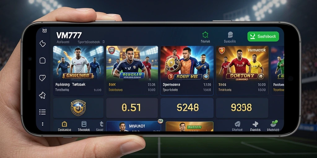 Screenshot utama VM777 menampilkan tampilan antarmuka Sportsbook yang menarik.